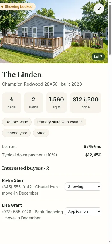 Dashboard on a phone showing a home and its interested buyers