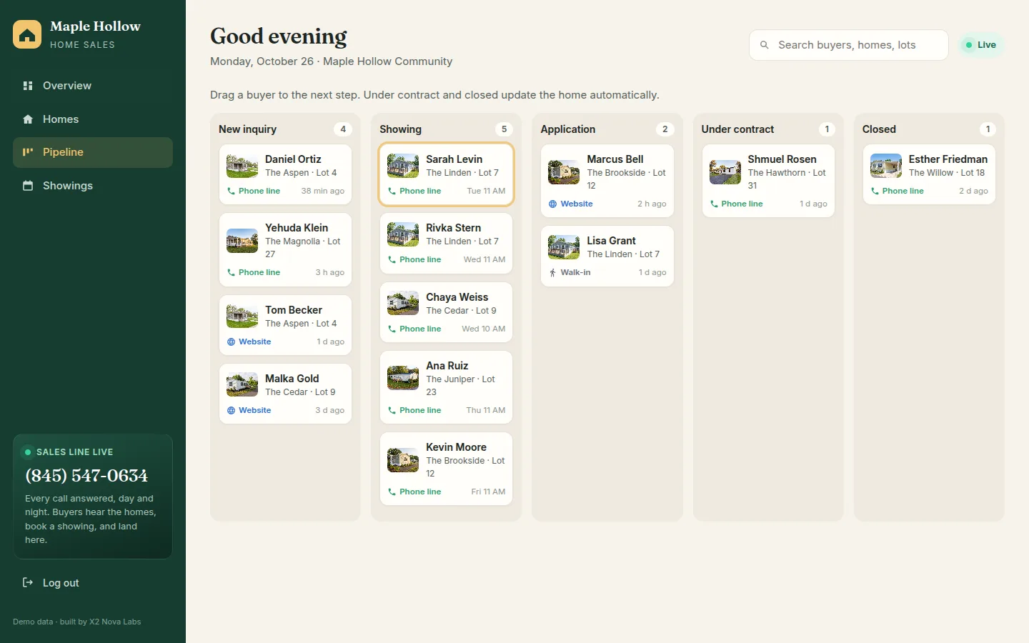 Sales pipeline with columns from new inquiry to closed