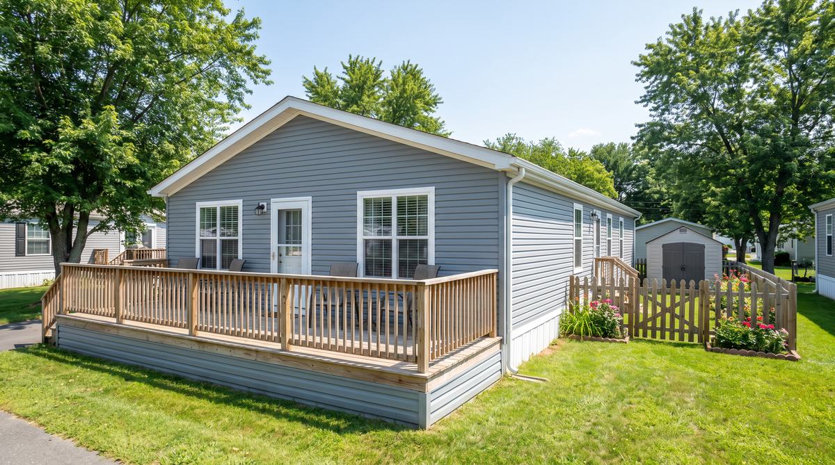 The Linden, a double-wide home with a fenced yard